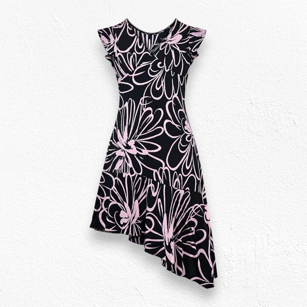 Y2K Vintage Black Pink Floral Handkerchief Hem Dress Flutter Sleeve Size Small